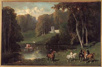 Lovasok és amazonok a tó partján Alfred de Dreux festménye (1810-1860) 19. század V. 0,43x0,65 m alkotó: Alfred Dedreux