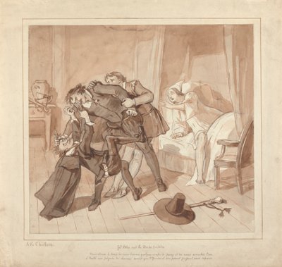 Gil Blas, Dr. Sangrado vezetésével orvosi gyakorlata során találkozik Dr. Cuchilloval a bolti ágy mellett alkotó: Alfred Edward Chalon