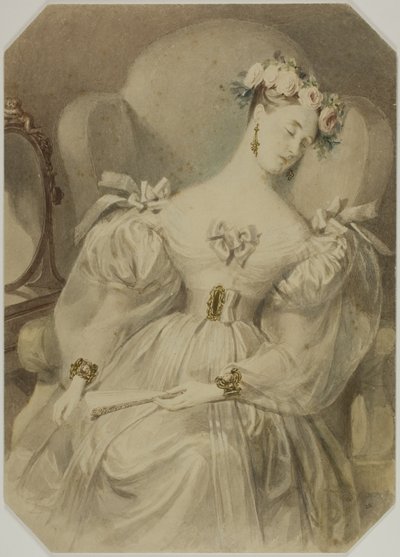 Nő estélyi ruhában, fotelben alszik alkotó: Alfred Edward Chalon