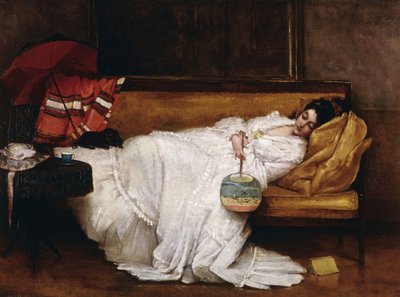Egy lány egy japán rajongóval aludt a kanapén, alkotó: Alfred Emile Stevens