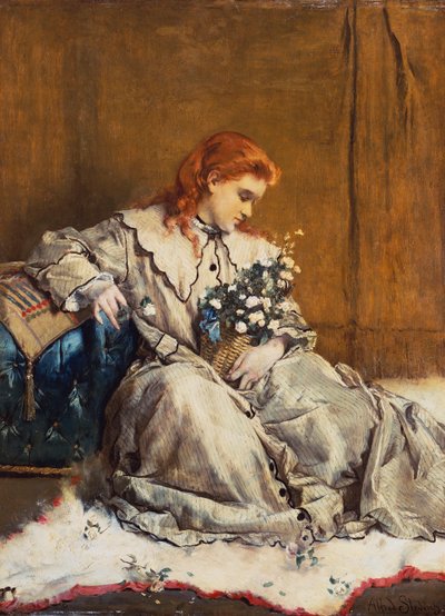 Daydream, fiatal vörös hajú lány kék oszmánnal alkotó: Alfred Emile Stevens