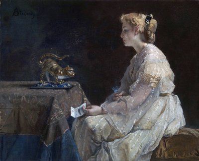 ""A jelen"" Egy fiatal nő felfedez egy macska szobrocskát - Alfred Stevens (1823-1906) festménye 1870 körül Londoni Nemzeti Galéria alkotó: Alfred Emile Stevens