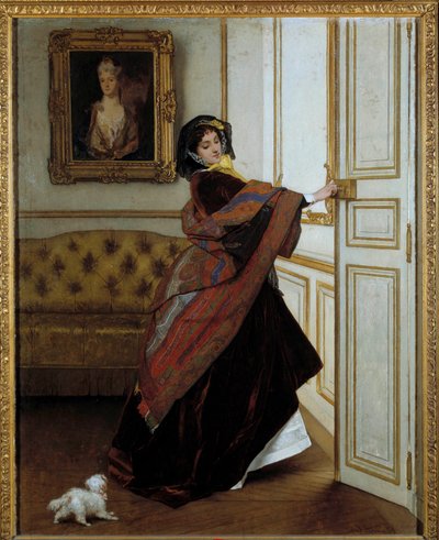 Alfred Stevens (1823-1906) festménye: A hölgy a kis kutyával 1859. Olaj, vászon. Mérete: 61,6x48,9 cm. Magángyűjtemény alkotó: Alfred Emile Stevens