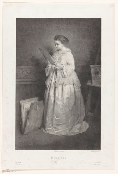 Fiatal nő néz egy nyomtatási vagy rajz Indiszkréció (cím az objektumon) alkotó: Alfred François Lemoine