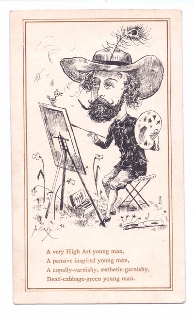 Egy képet festő esztétikai művész viktoriánus üdvözlőkártyája, 1881 körül (monokróm) alkotó: Alfred Gray