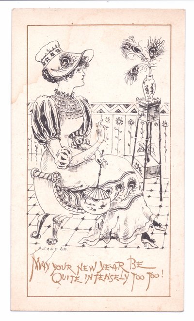 Esztétikus viktoriánus újévi kártya egy pávatollas vázában megcsodálva, 1881 körül (monokróm) alkotó: Alfred Gray