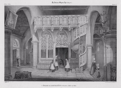 A Notre Dame de Lambader kápolnának faragott fa tetőfala, Plouvorn, Bretagne, Franciaország (litho) alkotó: Alfred Guesdon