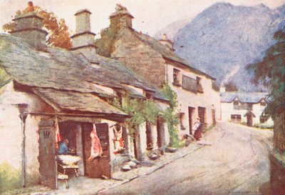 Lake District: Hentesüzlet (színes litográfia): Coniston Village, a régi hentesüzlet (színes litográfia) alkotó: Alfred Heaton Cooper