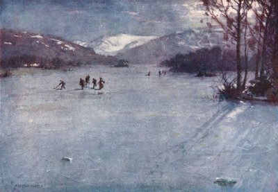 Lake District: Windermere, korcsolyázás holdfényben (színes litográfia). alkotó: Alfred Heaton Cooper
