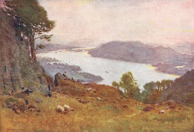 Lake District: Windermere Wansfell felől, naplemente (színes lithó) alkotó: Alfred Heaton Cooper