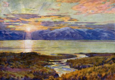 Éjféli nap a Torne Trask-tó felett, Abiskoból alkotó: Alfred Heaton Cooper