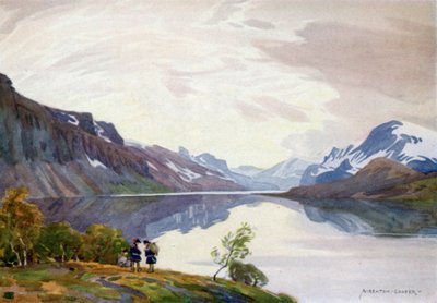 Kilátás a turisztikai pályaudvarról, Saltoluokta, Lappföld alkotó: Alfred Heaton Cooper