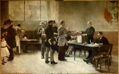 Általános választójog Egy szavazóhelyiség 1891-ben. Alfred Bramtot festménye (1852-1894) 1891 les Lilas, Városháza alkotó: Alfred-Henri Bramtot