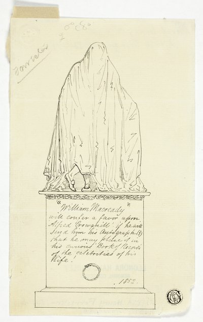 Látogatókártya drapériás emlékművel, művészi felirattal alkotó: Alfred Henry Forrester