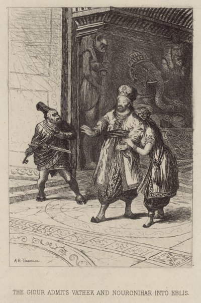A Giour felveszi Vatheket és Nouronihart az Eblisbe (rézkarc) alkotó: Alfred Holst Tourrier