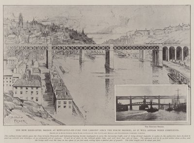 A Newcastle-on-Tyne-i új magaslati híd (a legnagyobb a Forth-híd óta), ahogyan elkészülte után fog kinézni. alkotó: Alfred Hugh Fisher