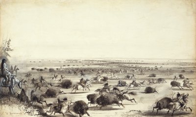 Buffalo „környezete” indiánok által, 1858 körül (papíron mosás) alkotó: Alfred Jacob Miller