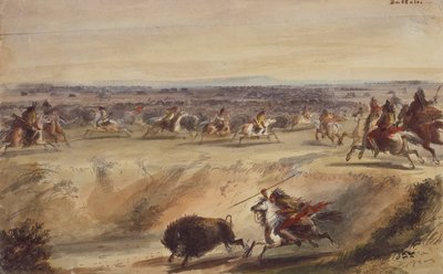 A környék vagy a Bivalyvadászat, 1839 körül (ceruza, toll és tinta, akvarell és gouache papíron) alkotó: Alfred Jacob Miller