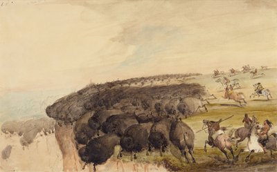 Bivalycsordák vezetése egy szakadékon, 1837 körül (ceruza, toll, tinta és akvarell papíron) alkotó: Alfred Jacob Miller