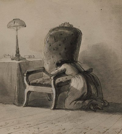 Szék karfáján térdelő lány alkotó: Alfred Jacob Miller