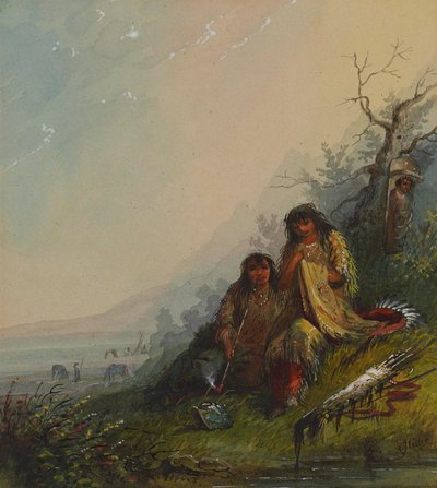 Indián nő harci öltözéket készít alkotó: Alfred Jacob Miller