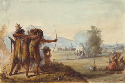 Indiánok tesztelik íjaikat, 1858 körül (ceruza, akvarell és gouache papíron) alkotó: Alfred Jacob Miller