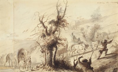 Landing the Charettes, 1837 körül (barna mosás papíron) alkotó: Alfred Jacob Miller
