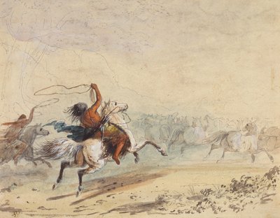 Lasszózó vadlovak, 1837 körül (ceruza, toll, tus, akvarell és gouache papíron) alkotó: Alfred Jacob Miller