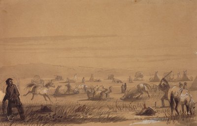 A tábor elérése, a nyergek eltávolítása, 1837 körül (ceruza, toll és tinta, mosás és gouache papíron) alkotó: Alfred Jacob Miller