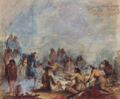 Sunrise, Trappers and Travelers at their Meals of Buffalo Hump Rib, 1837 körül (akvarell, papír) alkotó: Alfred Jacob Miller