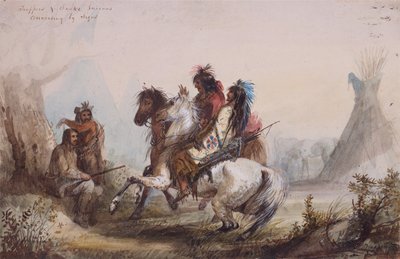 Trappers and Snake Indians Conversing by Signs, 1837 körül (ceruza, akvarell és gouache papíron) alkotó: Alfred Jacob Miller