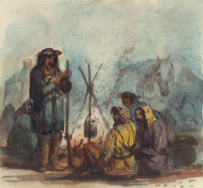Trappers, 1837 körül (toll és tinta, akvarell és gouache papíron) alkotó: Alfred Jacob Miller