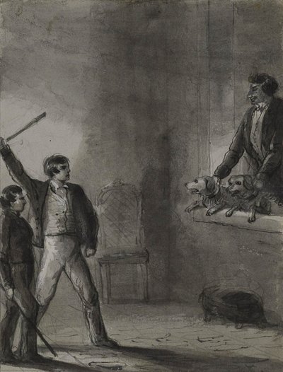 Két fiú felemelt botokkal, miközben egy férfi és kutyák tekintenek ki az ablakból alkotó: Alfred Jacob Miller