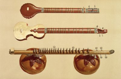 Két szitár és egy rudra vina, indiai, a "Musical Instruments"-ből (színes litho) alkotó: Alfred James Hipkins