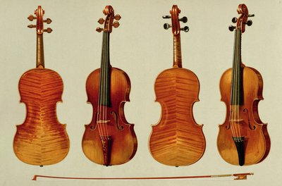 Hegedűk (LtoR): Antonio Stradivarius (kb. 1644-1737) „Alard” 1715-ben, és Giovanni Guarneri „del Gesu” († 1744) „József király” a „Hangszerek”-ből (színes litó) alkotó: Alfred James Hipkins