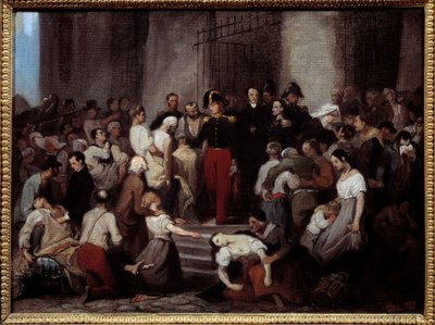 Orléans hercege a kolerajárvány idején meglátogatja a szállodai betegeket alkotó: Alfred Johannot