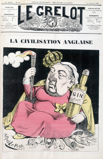 Angol civilizáció: Victoria, egy üveg gin a kezében Egyiptomon, Írországon, Indián, Afrikán és Kínán ül – Alfred Le Petity, a „Le Grelot” című filmben 1882.09.24-től alkotó: Alfred Le Petit