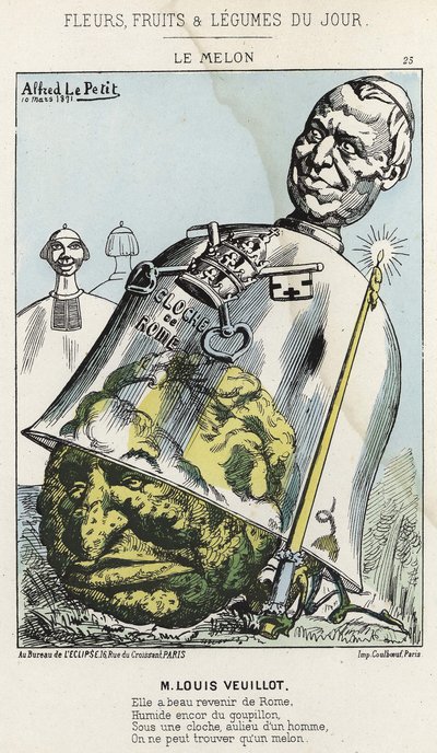 A dinnye: Rajzfilm Louis Veuillot-ról - ill. 1871. 10. 03-tól a „A nap virágai, gyümölcsei és zöldségei” c. alkotó: Alfred Le Petit