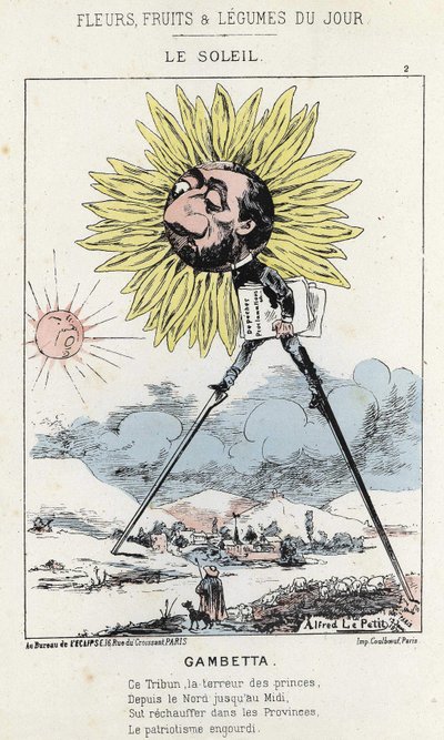 Le Soleil (napraforgó): karikatúra Gambettáról (1838 - 1882) - ill. 1871. 12. 01-től a "A nap virágai, gyümölcsei és zöldségei" című részben alkotó: Alfred Le Petit