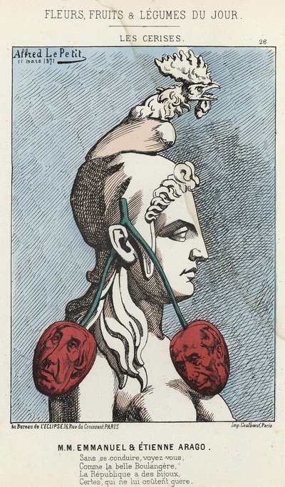 Les Cherry: karikatúra MM Emmanuelről és Etienne Aragoról - ill. 1871. 11. 03. „A nap virágai, gyümölcsei és zöldségei” c. alkotó: Alfred Le Petit