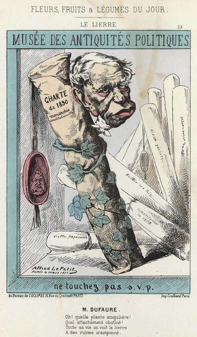 Az Ivy: Rajzfilm Jules Armand (Jules-Armand) Dufaure-ról (1798-1881) borostyánban, egy papírtekercs körül, amelyen az „1830-as charta” felirat és egy pecsét 1. Lajos Fülöp király fejével van felírva. - beteg. 1871. 04. 03. " Virágok, gyümölcsök és zöldsége alkotó: Alfred Le Petit