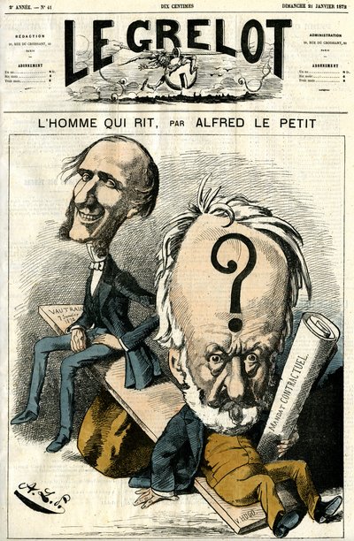 Victor Hugo és A férfi, aki nevet. Karikatúra alkotó: Alfred Le Petit
