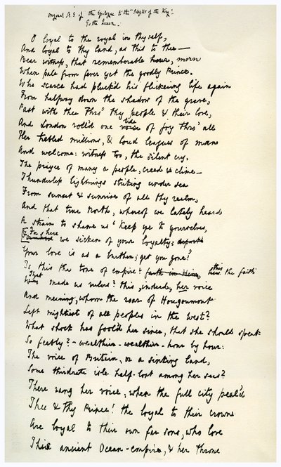 A király idilljei epilógusának eredeti kézirata, 1872. alkotó: Alfred Lord Tennyson