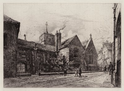 Cambridge: Corpus Christi College és a Szent Benet tornya (rézkarc) alkotó: Alfred Louis Brunet Debaines