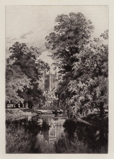 Cambridge: Cam a Trinity College közelében, a Szent János-kápolna tornyával (rézkarc) alkotó: Alfred Louis Brunet Debaines