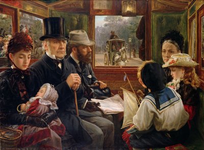 Omnibus utazás a Piccadilly Circushoz, Mr. Gladstone hétköznapi utasokkal utazik, 1885 alkotó: Alfred Morgan