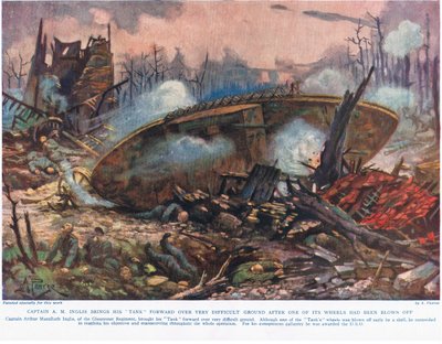 A.M. kapitány Inglis előreviszi tankját egy nagyon nehéz talajon, miután az egyik kereke letört. Illusztráció a „Deeds that Thrill the Empire” című könyvből, a Hutchinson und Co., c.1. alkotó: Alfred Pearse