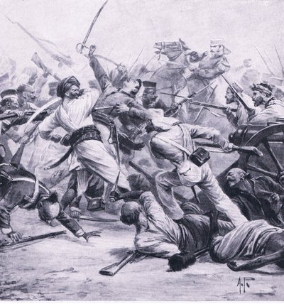 Nicholson veresége a lázadók ellen Najafgarhnál, 1857. augusztus 2., illusztráció a brit szárazföldi és tengeri csatákból, 1915 alkotó: Alfred Pearse