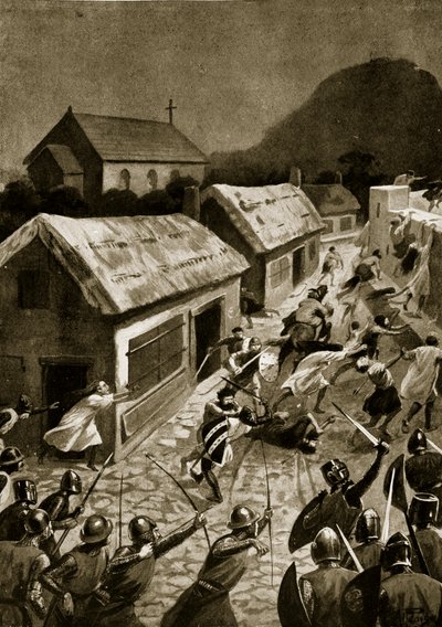 Berwick megrohanása a skótok által, 1354. november, illusztráció a „Hutchinson