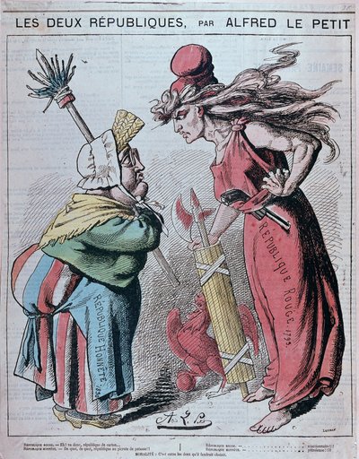 Karikatúra a két köztársaságról, a „Honnete Köztársaságról (1830) és a Vörös Köztársaságról (1793)”, Alfred Le Petitty a „Le Grelot”” című filmben, 1872 alkotó: Alfred Petit